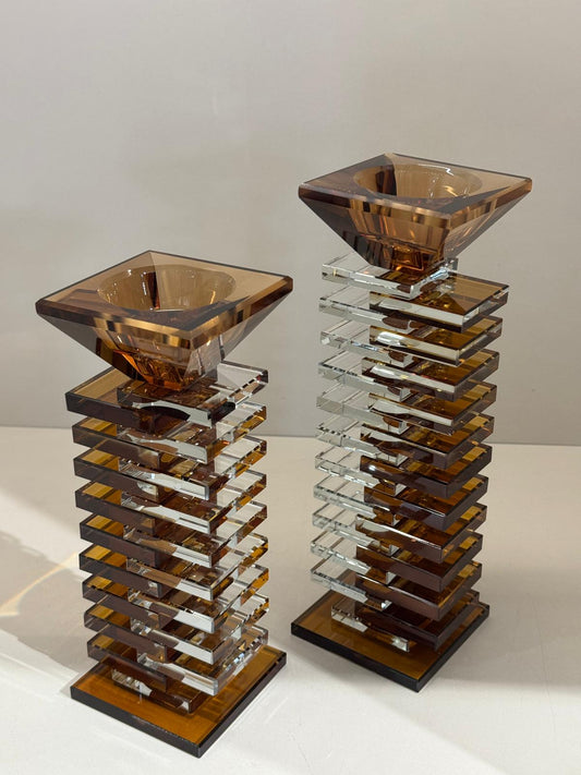 İkili Kristal Katlı Şamdan Şeffaf Kahve