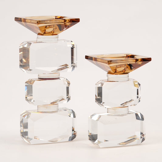 İkili Kristal Vintage Şamdan Şeffaf Amber