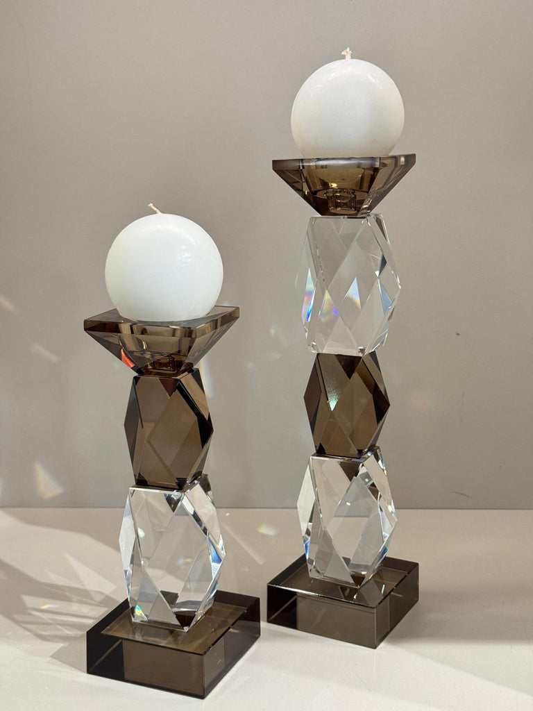 İkili Kristal Uzun Prizma Şamdan Şeffaf Bronz