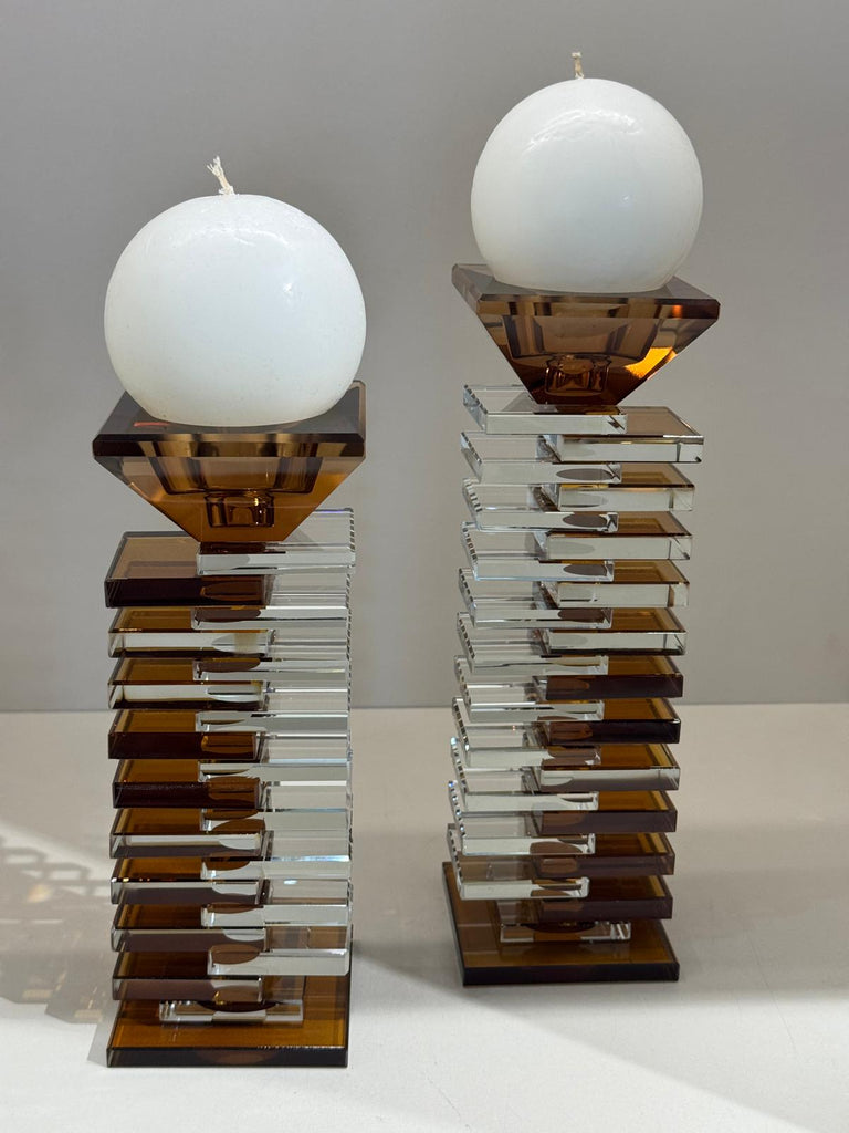 İkili Kristal Katlı Şamdan Şeffaf Kahve