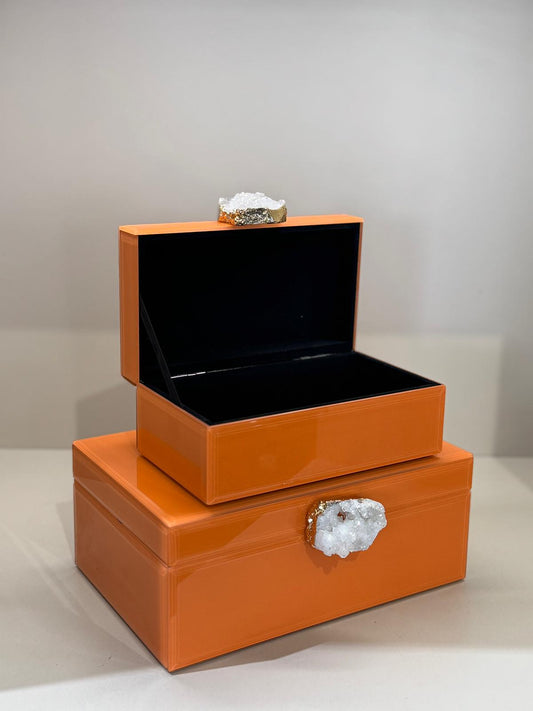 İkili Dekoratif Cam Kutu No:6 Turuncu Doğal Taşlı