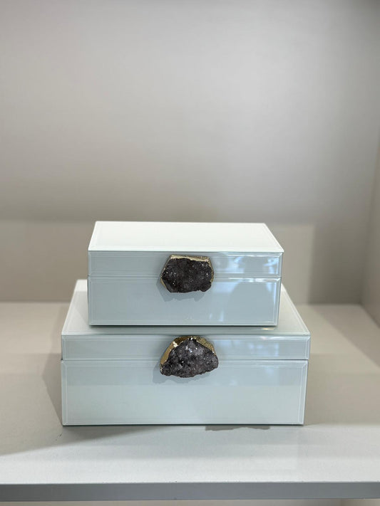 İkili Dekoratif Cam Kutu No:8 Bej Doğal Taşlı