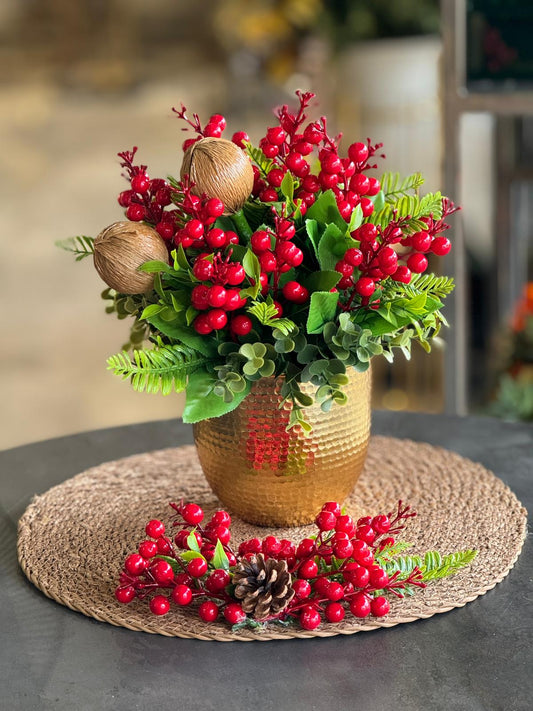 Yapay Kırmızı Kokinalı Dövme Gold Vazo + Supla