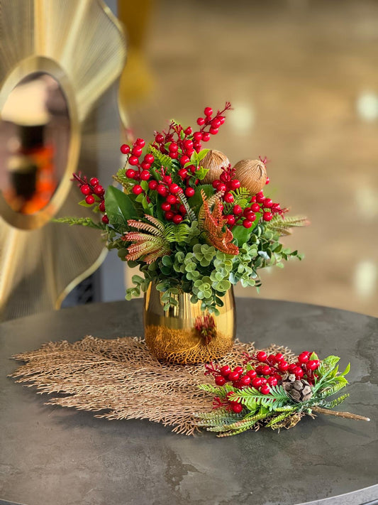 Yapay Kırmızı Kokinalı Gold Vazo + Yaprak Supla