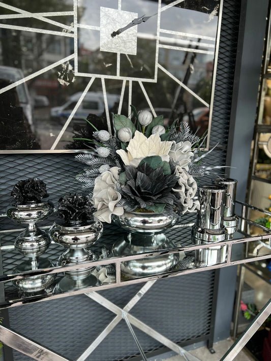 Yapay Çiçekli Gümüş Yassı Vazo 5 Parça Set No:1