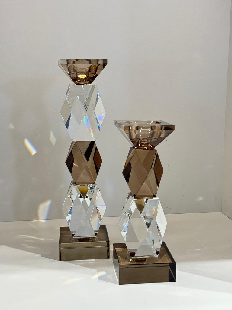 İkili Kristal Uzun Prizma Şamdan Şeffaf Bronz