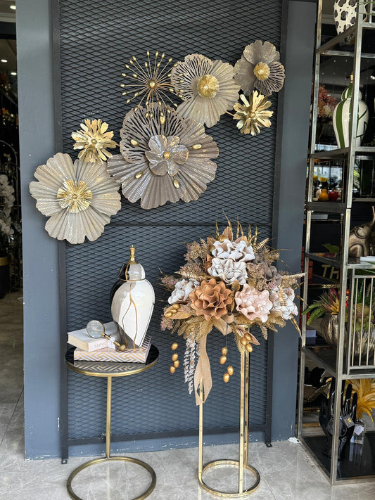 İthal Metal Tablo Çiçek Motif Vizon Gold